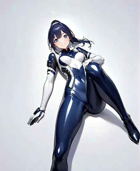 (​masterpiece、  Top Quality、  highest resolution 、 Clear Images 、  detailed image 、  The angle is from above  ): (  one Japanese woman 、  High Ponytail 、  dark blue hair  、 Sparkling blue eyes 、(  white and navy blue pilot suit （Enamel Finish ）、white and d...