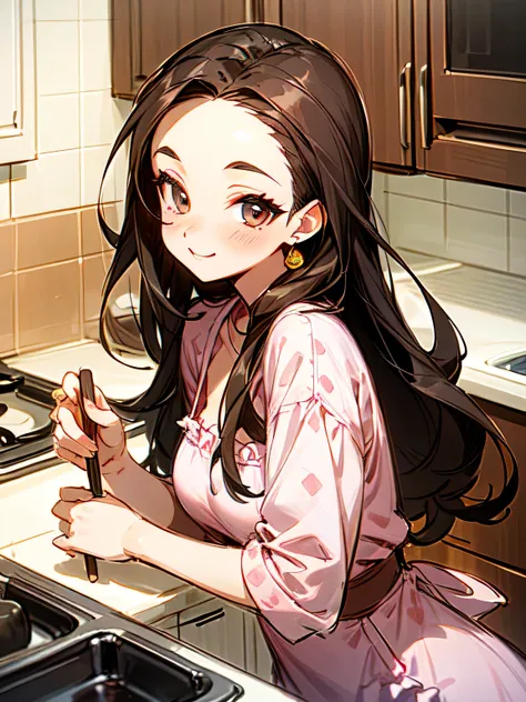 Alone,upperbody,looking at viewer, older sister's facial appearance ,makeup,brown thin long hair,big forehead,valentine chocorateを手に持つ,check pattern pink dress, cute kitchen ,smile,( manga style),(sketch),(illustration), Masterpiece, best quality,