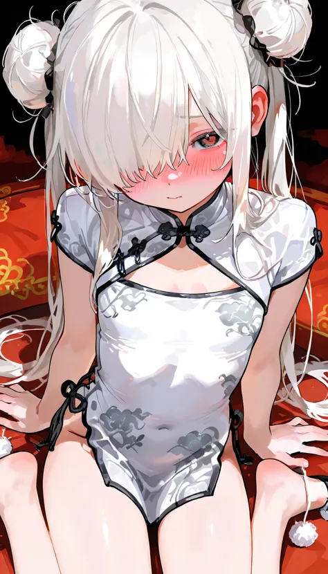 bun hair for your toes, twintail, white China dress, (flat chest:1.3), Blushing、To blush、Thick eyes, white hair, long hair, hair over one eye, messy hair