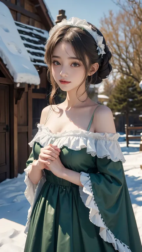 8k,  BEST QUALITY,  Masterpiece,   realistic dressed in the picture ,  Happy and Hides Your Face ,  dark green lolita costume with bare shoulders, race,  Aeris Gainsborough, whole body, underwear,  My bare shoulders are exposed, outside, outside,  covered ...