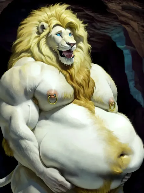 Male white lion 、 golden mane、golden chest hair 、 golden pubic hair 、Golden armpit hair、 golden belly hair 、 completely naked、 Extremely Obese Belly 、 very obese neck、very obese arms 、Hands touching belly、, angle looking up from below、Face turned to the si...