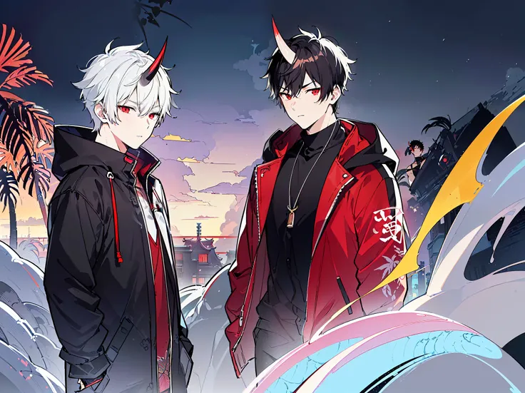 [(NIGHT TOKYO BACKGROUND:1.5),::5], ((((masterpiece)))), high quality, ultra_very_high_resolution, large_filesize, full color, (((2 boy))), ((oni younger boy)), (((White short hair))), red eyes, anime, (upper body), (oni horn), neon light, black parka, (Tr...