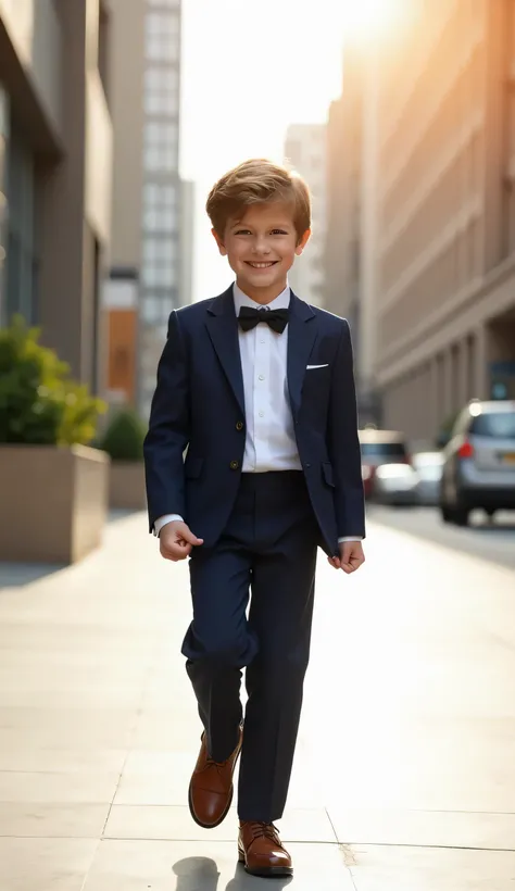 "A cute young boy, walking confidently on a clean city sidewalk. He is wearing a well-fitted formal outfit consisting of a white dress shirt, a navy blue blazer, matching trousers, a neatly tied black bow tie, and polished brown dress shoes. His short, sli...