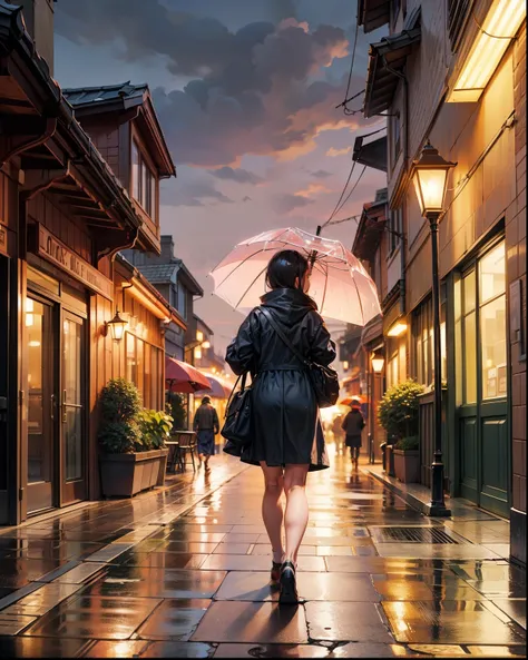 A serene rainy day street scene at sunset, illuminated by soft, warm low lights. Wet pavement reflecting the golden hues of the sunset and streetlights. Gentle rain droplets falling from a cloudy sky with a hint of fading orange and pink. People with umbre...