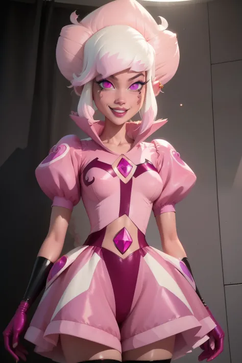 pnkdamond, pink hair, pink eyes,  big hair,  stomach gem,  pink skin,  toned, 
puffy short sleeves, elbow gloves ,  white thighhighs,   puffy dress, 
standing, upper body, 
 outerspace,  
(insanely detailed, beautiful detailed face,beautiful detailed eyes,...