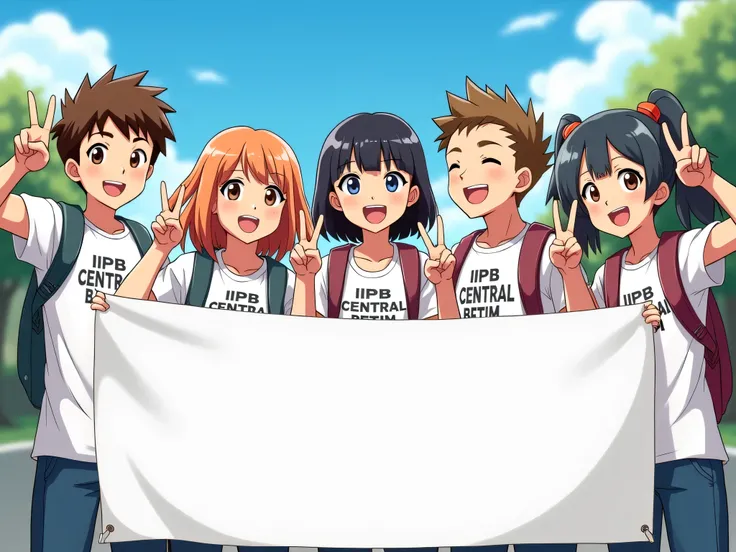 An anime-style illustration featuring a group of agers, both boys and girls, all smiling and radiating happiness while striking a 'V for victory' gesture with their hands. The agers are wearing white shirts with the text 'IPB CENTRAL BETIM' prominently dis...