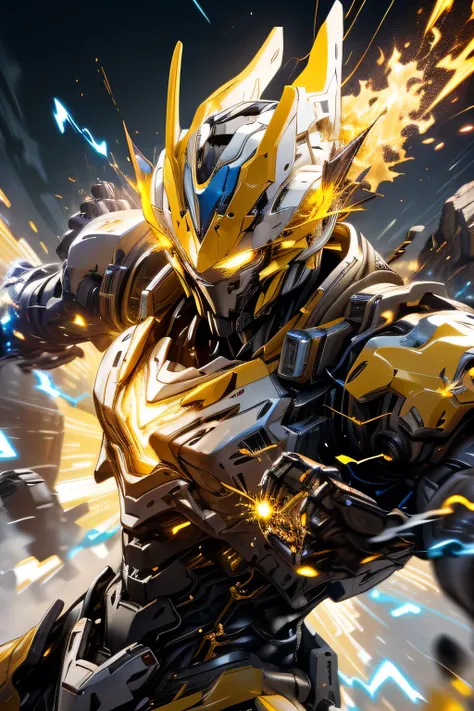 (yellow bright eyes: 1.5), (metal skyblue body robot: 1.5),  Unreal Engine,  top quality,  Masterpiece,  is present,,science_ best quality ,サイエンス best quality ,Shining Eyes, Explosive sparks , ( lens flare:0.3), Volume Fog , Male,  full face helmet, Nijime...