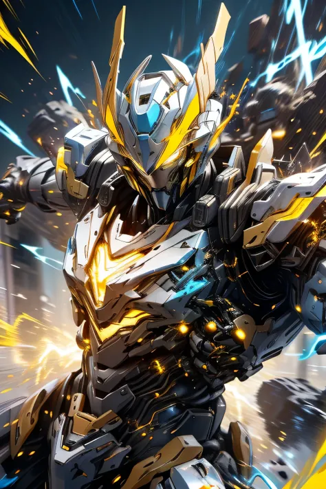 (yellow bright eyes: 1.5), (metal skyblue body robot: 1.5),  Unreal Engine,  top quality,  Masterpiece,  is present,,science_ best quality ,サイエンス best quality ,Shining Eyes, Explosive sparks , ( lens flare:0.3), Volume Fog , Male,  full face helmet, Nijime...