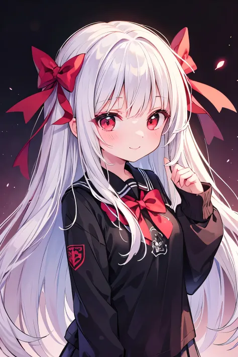 Anime Cute  Long white hair red eyes Wearing a black school shirt with a purple bow Cute smile