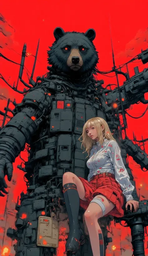    anatomically correct  ,      anime girl with big bear behind her in the background ,     She is half of the      ,     . A red and black square skirt      ,     . Three-quarter socks      ,  A long black shoe ,      a white blouse with red letters      ...