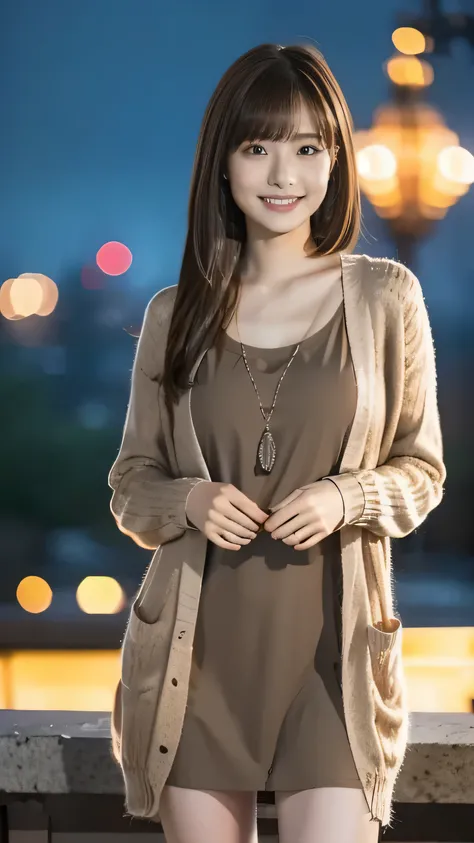 1 girl, solo,Knee-length dress,cardigan long hair, bangs, ((highlight brown hair)),
chest, smiles, Aperture F2.8, 8k octane , 3D rendering , night view, Disney