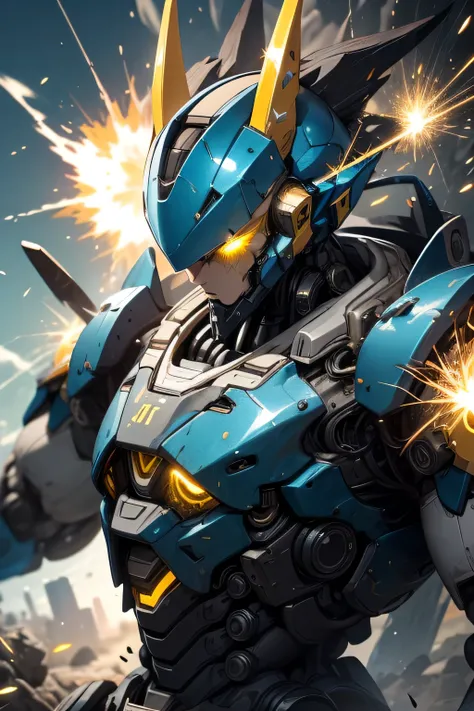 (yellow bright eyes: 1.5), (metal skyblue body robot: 1.5),  Unreal Engine,  top quality,  Masterpiece,  is present,,science_ best quality ,サイエンス best quality ,Shining Eyes, Explosive sparks , ( lens flare:0.3), Volume Fog , Male,  full face helmet, Nijime...