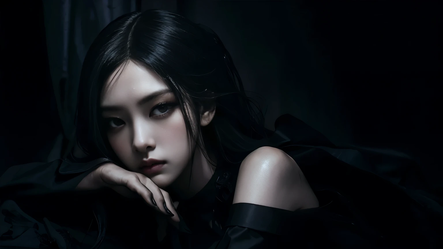 (best quality, highres:1.2), realistic, black dress, black hair, dark theme, black background, dark ninja, intense gaze, elegant posture, flowing dress, detailed facial features, long eyelashes, contrast, fine details, dramatic atmosphere, gothic style, in...