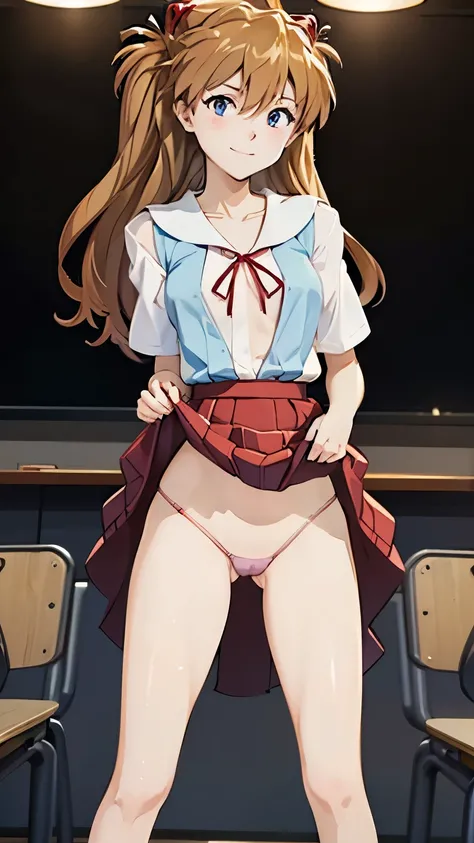  completely naked、Soryu Asuka Langley without clothes、smile、   high resolution images , Masterpiece,   top quality ,   great quality,  alone,  in the seat,   Shikinami Asuka Langley wearing Evangelion's Tokyo-3 uniform,   opens legs , lift, Broad Ass ,  pa...