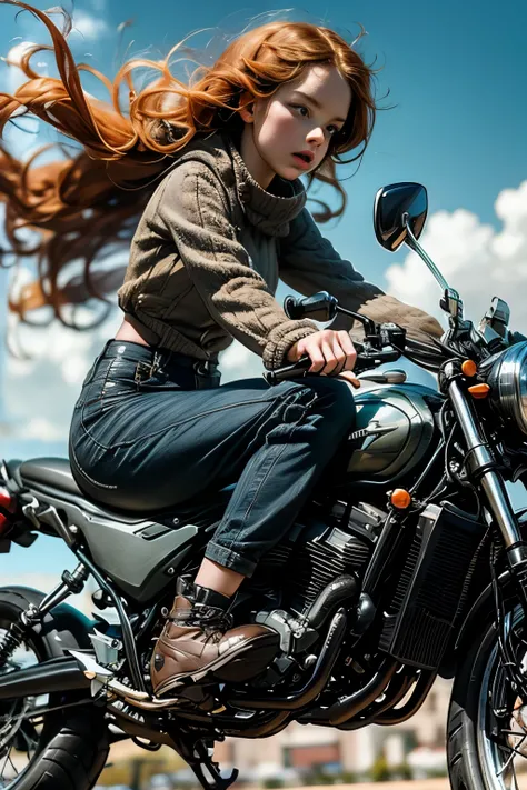 A beautiful twenty year old French woman riding a motorcycle、 best image quality、 masterpiece、 anatomically correct body depiction 、Detailed facial depiction、extreme wide shot、