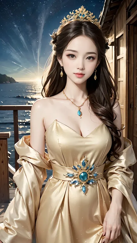  Masterpiece,    High Quality ,    High Quality ,   Formal Arts,    beautiful illustration  ,   1 Beautiful woman 、  whole body 、 bright栗色の長い髪、 color、  Many Details、  Beautiful Face 、  pretty brown eyes  、smile、  perfect style 、  image of the fantasy film ...