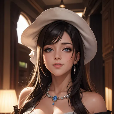 best quality, masterpiece, ultra high res, photorealistic, 1girl, offshoulder, face portrait of 1girl, light long hair, wearing a secretary suit, in an office, (slightly smiling), closeup, (makeup), earring, necklace, detailed eyes, limbal ring, (masterpie...