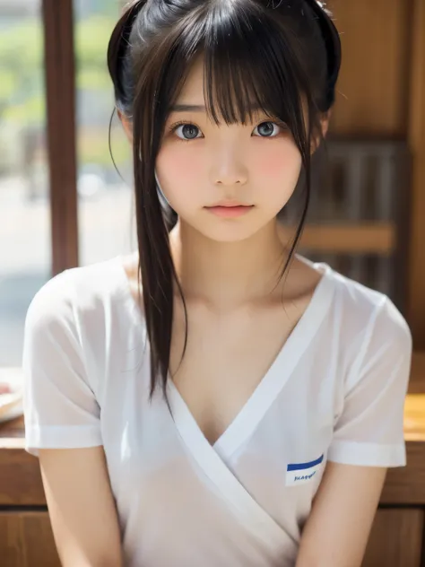 Beautiful 18 year old Japanese woman), Cute face, (Deeply chiseled face:0.7), (freckles:0.6), Soft Light,Healthy white skin, shy, (Serious face), (Sparkling eyes), thin, drunken eyes, (flat chest:1.2), blue school uniform,double hair buns hair,bangs,cowbo...