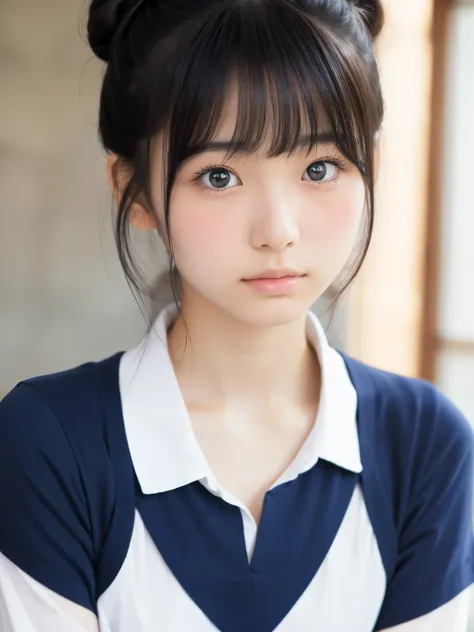 Beautiful 18 year old Japanese woman), Cute face, (Deeply chiseled face:0.7), (freckles:0.6), Soft Light,Healthy white skin, shy, (Serious face), (Sparkling eyes), thin, drunken eyes, (flat chest:1.2), blue school uniform,double hair buns hair,bangs