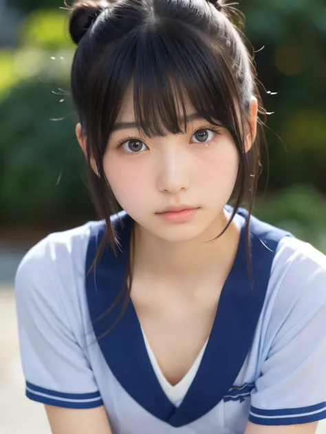 Beautiful 18 year old Japanese woman), Cute face, (Deeply chiseled face:0.7), (freckles:0.6), Soft Light,Healthy white skin, shy, (Serious face), (Sparkling eyes), thin, drunken eyes, (flat chest:1.2), blue school uniform,double hair buns hair,bangs,cowbo...