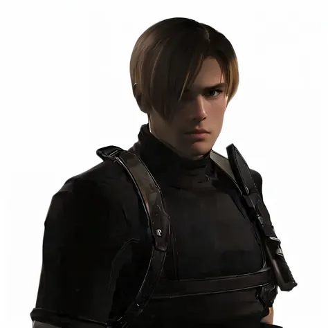 side-parted blonde hair with long bangs, black short-sleeved turtleneck shirt, tight-fitting for mobility, brown holsters with knife