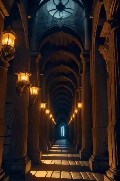 A torch-lit corridor stretches into the distance, the worn stone walls of the Minotaur's labyrinth illuminated by flickering flames. In the shadows, intricately carved Greek columns rise like sentinels, while above, a vaulted ceiling disappears into darkne...