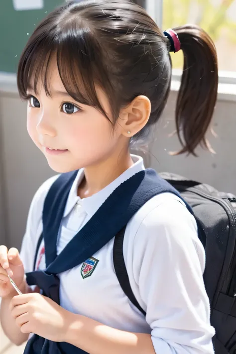  little young girl,black hair ,school,ponytail ,classroom