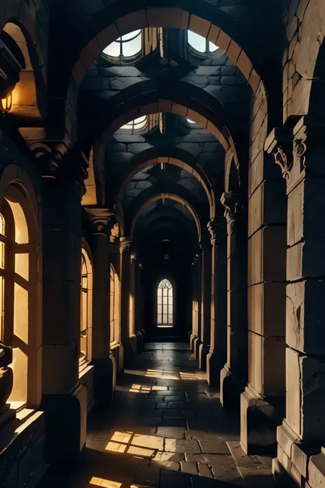 A torch-lit corridor stretches into the distance, the worn stone walls of the Minotaur's labyrinth illuminated by flickering flames. In the shadows, intricately carved Greek columns rise like sentinels, while above, a vaulted ceiling disappears into darkne...