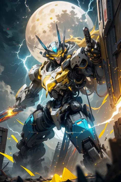 (yellow bright eyes: 1.5), (metal skyblue body robot: 1.5),  Unreal Engine,  top quality,  Masterpiece,  is present,,science_ best quality ,サイエンス best quality ,Shining Eyes, Explosive sparks , ( lens flare:0.3), Volume Fog , Male,  full face helmet, Nijime...