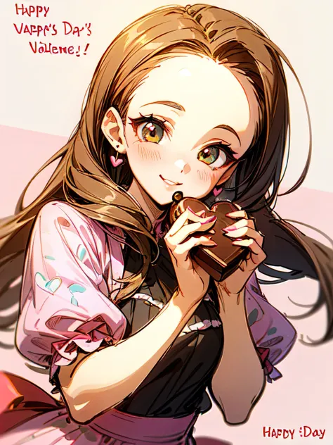 (front view),Alone,upperbody,looking at viewer, older sister's facial appearance ,makeup,brown thin long hair,big forehead,(Forward hands with Valentine's Day chocolate present):1.2,check pattern pink dress, cute kitchen ,smile,( manga style),(sketch),(ill...