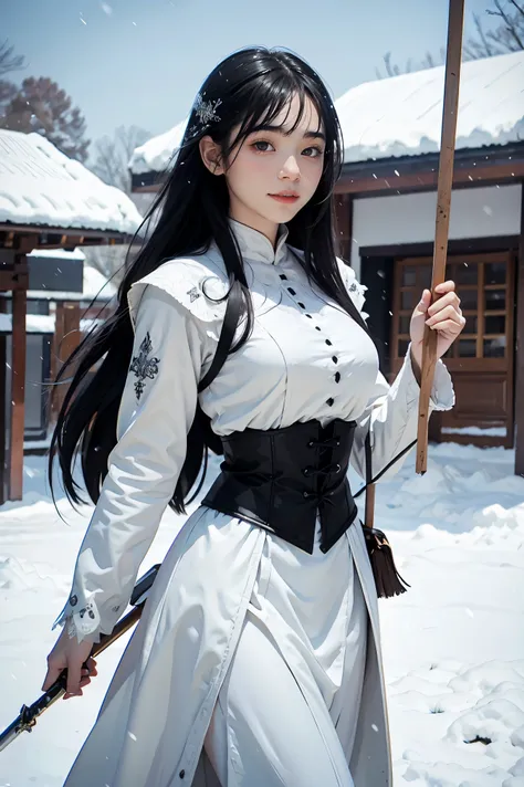 Young woman, Black hair, Wearing black medieval European clothing, Walking in the falling snow, A white spear is in her left hand., There is a large white magic circle., Manga drawing style, realistic 2.5D