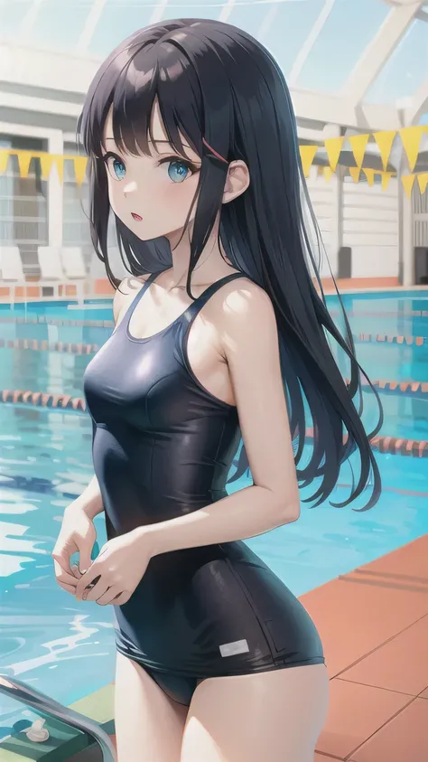  1 girl、bangs、 long hair、 black hair、 blue eyes、 small tits、 one piece swimsuit、 Old School Swimsuit、 pool、 skinny、thin、 mekoji、 standing