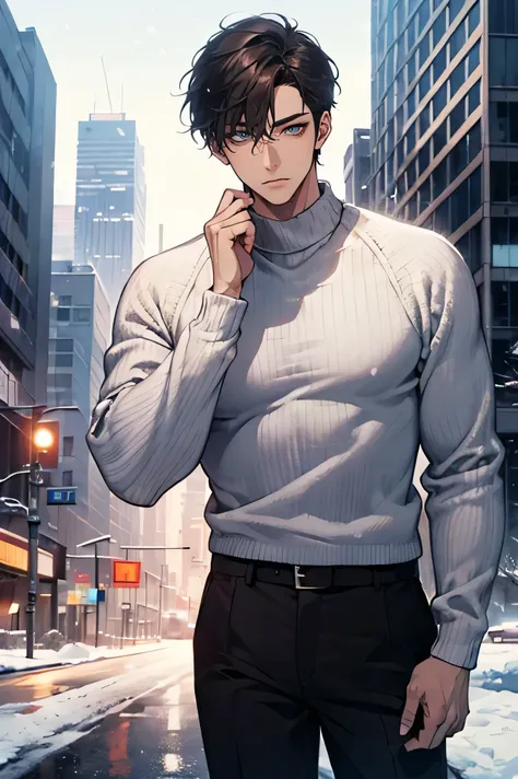  Japanese　　 handsome　 short dark hair  　　short cropped 　　　male　Slim figure　　white thick knit 　 sweater　　　Black R long pants 　Sportsman type man 　 severe face 　　Critical Eyes　　Background is snow　Just snow 　　　Skyscrapers and Highways in Future Cities　　univer...