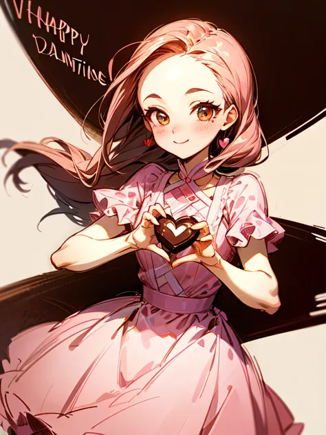 (front view),Alone,upperbody,looking at viewer, older sister's facial appearance ,makeup,brown thin long hair,big forehead,(Forward hands with Valentine's Day chocolate present):1.2,check pattern pink dress, cute kitchen ,smile,( manga style),(sketch),(ill...