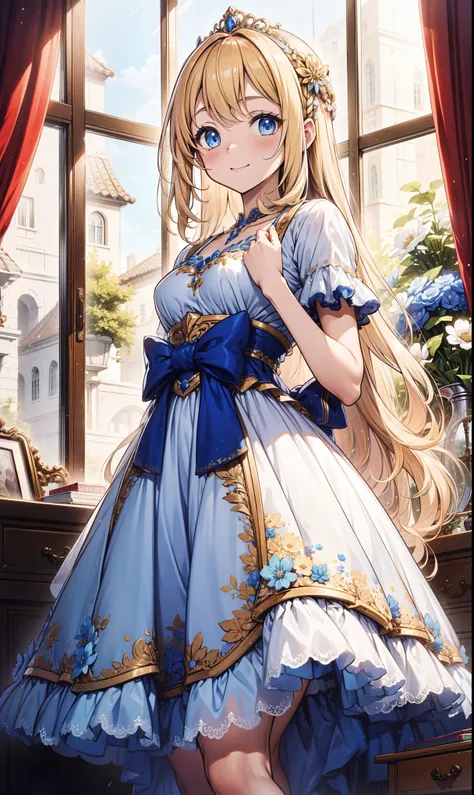  alone， teen girl，Obsessed，Princess， Have Fun ，in love， Seductive Posture,( western style white dress)，(Light blond long, slightly curly hair)，( blue eyes)，( gold pattern)，( a small amount of sky blue fabric),精致的Princess头饰，  Super Ultra Detailed  ，Ruffles，...