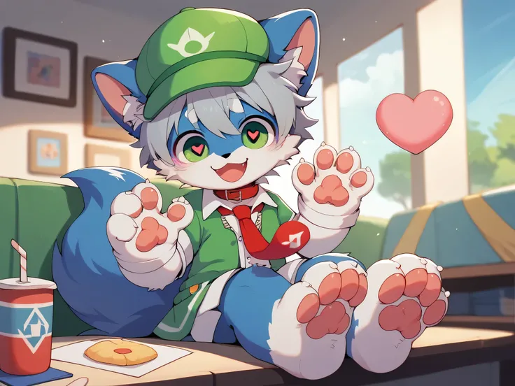  very detailedな, very detailed,gray hair with dark blue fur,,male,骨を見てExcited, heart eyes,participate, red collar, green white and colored hat, cute face,Sitting,Pets, tie a collar and string , fluffy fur like one,Excited,Horny boy,「paw」「give paw」「shake ha...