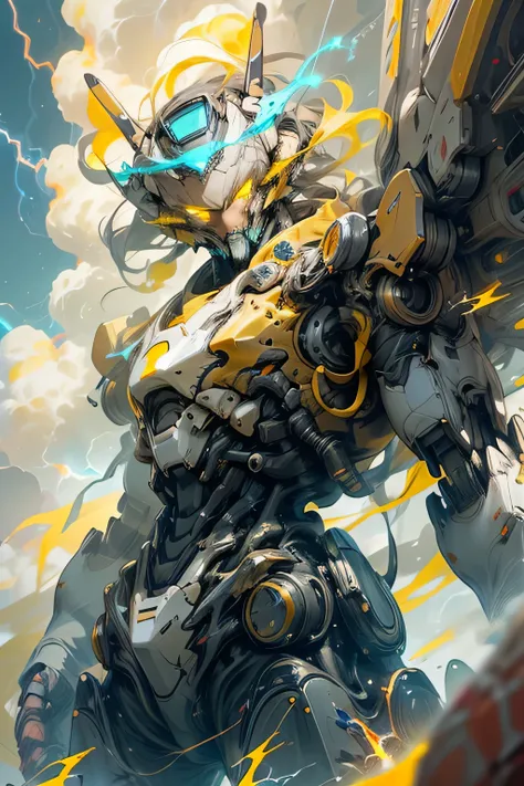 (yellow bright eyes: 1.5), (metal skyblue body robot: 1.5),  Unreal Engine,  top quality,  Masterpiece,  is present,,science_ best quality ,サイエンス best quality ,Shining Eyes, Explosive sparks , ( lens flare:0.3), Volume Fog , Male,  full face helmet, Nijime...