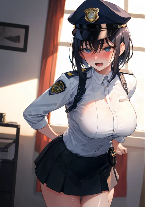 A highly detailed, polished anime style illustration, single female character, suggestive, erotic, standing, flustered yet seductive expression, embarrassed and aroused gaze, half-lidded eyes, slightly open mouth, flushed red face, subtle smile, shaky brea...