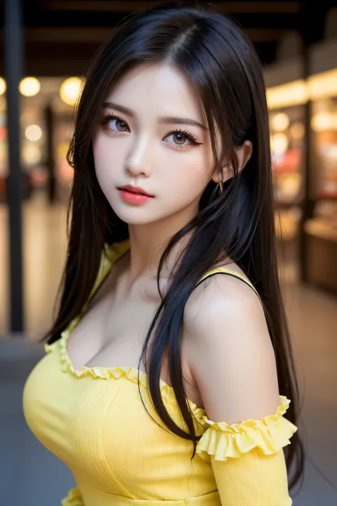 (((long black hair,  pretty Chinese idol, beautiful skin、big eye、 Brown Eyes 、forehead、Extreme pose、A calm face、dewy finish makeup:100.0、eyeliner:100.0, beautiful girl、shopping mall background、cute、Young、True Face、Shiny Hair、whole body)))、table top, highes...