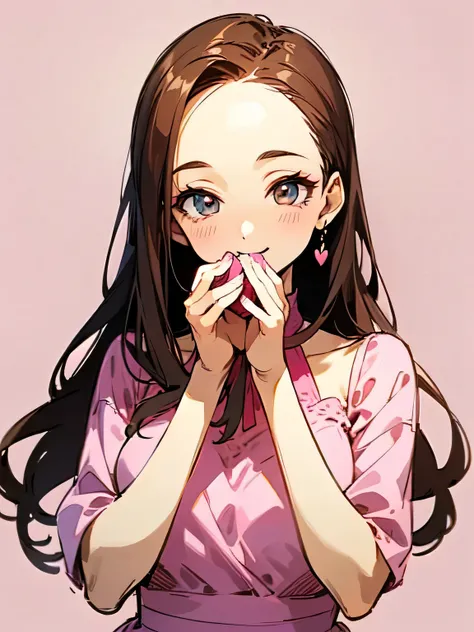 (front view),Alone,upperbody,looking at viewer, older sister's facial appearance ,makeup,brown thin long hair,big forehead,(Forward hands with Valentine's Day chocolate present):1.2,check pattern pink dress, white background ,smile,no text,( manga style),(...