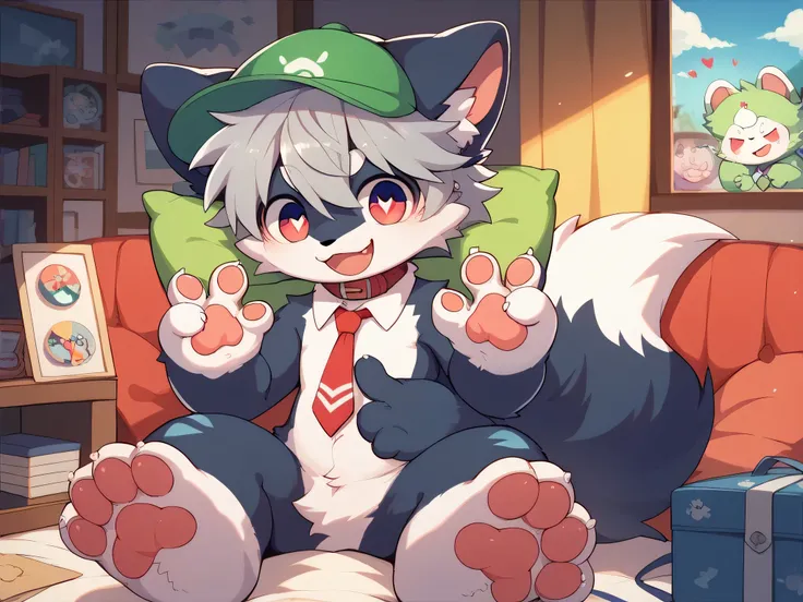  very detailedな, very detailed,gray hair with dark blue fur,,male,骨を見てExcited, heart eyes,participate, before my husband, green white and colored hat, cute face,Sitting,Pets, tie a collar and string , fluffy fur like one,Excited,naked,Horny boy,「paw」「give ...