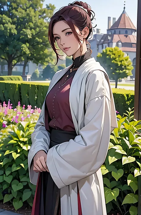 (   top quality  ,16k, Masterpiece),Thane , plain clothes,
 Maroon hair in the garden ,simple medieval clothing , hair up, slightly sagging ,