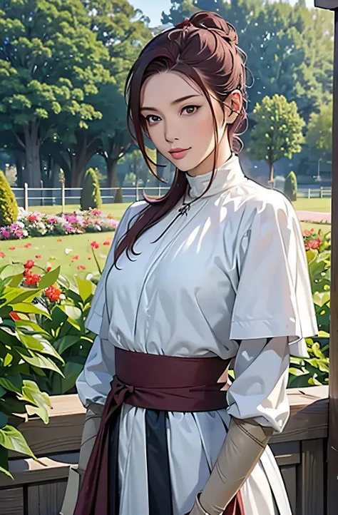 (   top quality  ,16k, Masterpiece),Thane , plain clothes,
 Maroon hair in the garden ,simple medieval clothing , hair up, slightly sagging ,