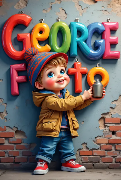 A hyperrealistic cartoon of a playful boy with an aerosol can, wearing a cuty and colorful wool cap, puts a large inscription "George Foto" rainbow colors, glass style on the wall in the form of an urban graphic text, a drawing on an exposed brick wall.

