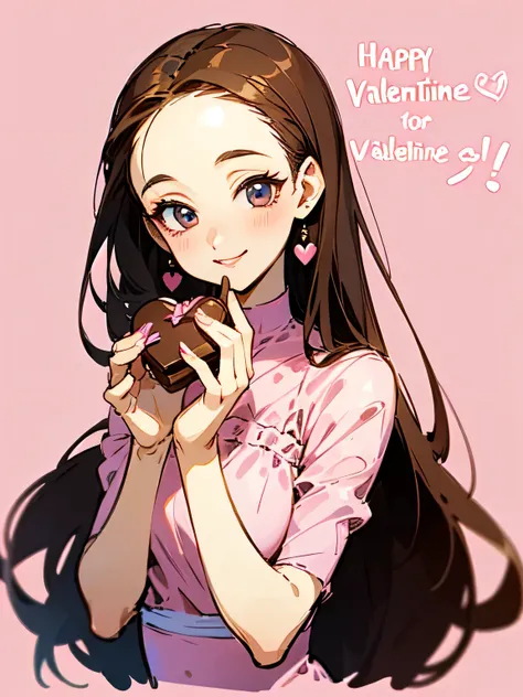 (front view),Alone,upperbody,looking at viewer, older sister's facial appearance ,makeup,brown thin long hair,big forehead,(Forward hands with Valentine's Day chocolate present):1.2,check pattern pink dress, white background ,smile,no text,( manga style),(...