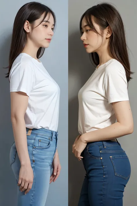 Detailed character sheet, Front view, Side view, Diagonal view, with a white returnground, show women, 30 years old, with dark brown hair combed return, Wearing light casual clothing, Wearing tight denim jeans. The seat includes different angles, Front etc...