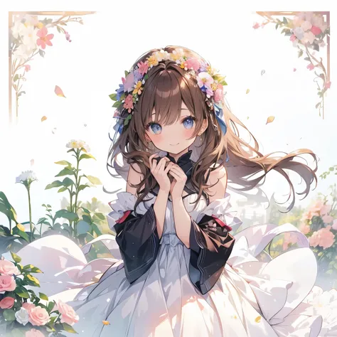 Beautiful and cute girl、up、1girl, ((best quality high resolution)), a wig is displayed sitting on a table with flowers and some flowers, flower, long hair, solo, 1girl, brown hair、smile