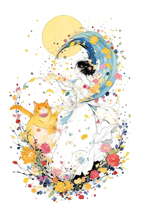  white background、 SIMPLE 、 Petals dance 、 Flowers Dance  、Crumbling Petals  、Moonlight and Moonrainbow 、Cat Dance、  Rain of Petals Pours  、moebiusの絵画からインスパイアされたイラストレーション、、an ink drawing inspired by jean moebius giraud, Tumbler,    bolticism   , ( moebius ...