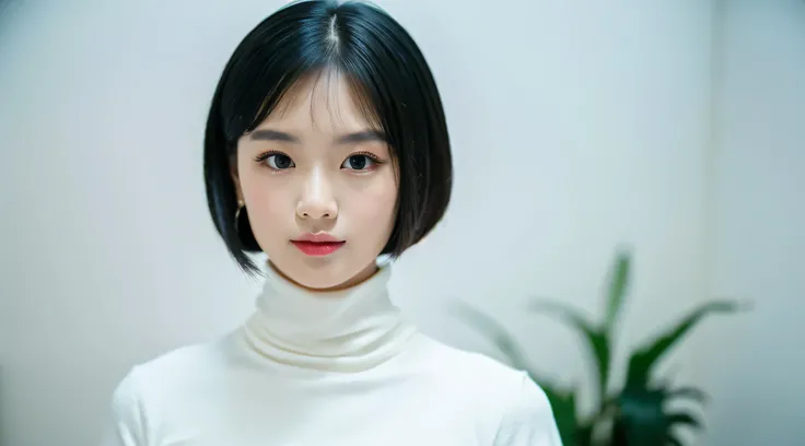 ((best quality, 8k, masterpiece:1.3)),sharp focus:1.2, 1girl ,((detailed face)), Beautiful lady with Perfect Figure, Vivid, elegant turtleneck dress, black hair,white background,
