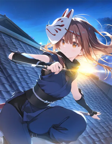 1girl, ninja, small breasts, fox mask, night, rooftop, wind, jump, game CG, break,(artist:mitsumi_misato),artist:fujiyama,artist:kokonoka, break,(masterpiece), (best quality), (ultra-detailed),(Detailed Lighting), very aesthetic, newest, inematic lighting